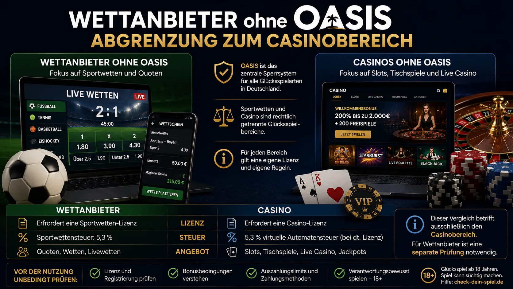 Wettanbieter ohne OASIS - Abgrenzung zum Casinobereich